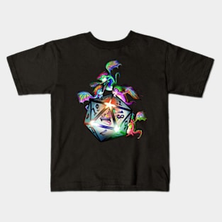 Cute tiny dragons looking into a glowing d20 dnd dice Kids T-Shirt